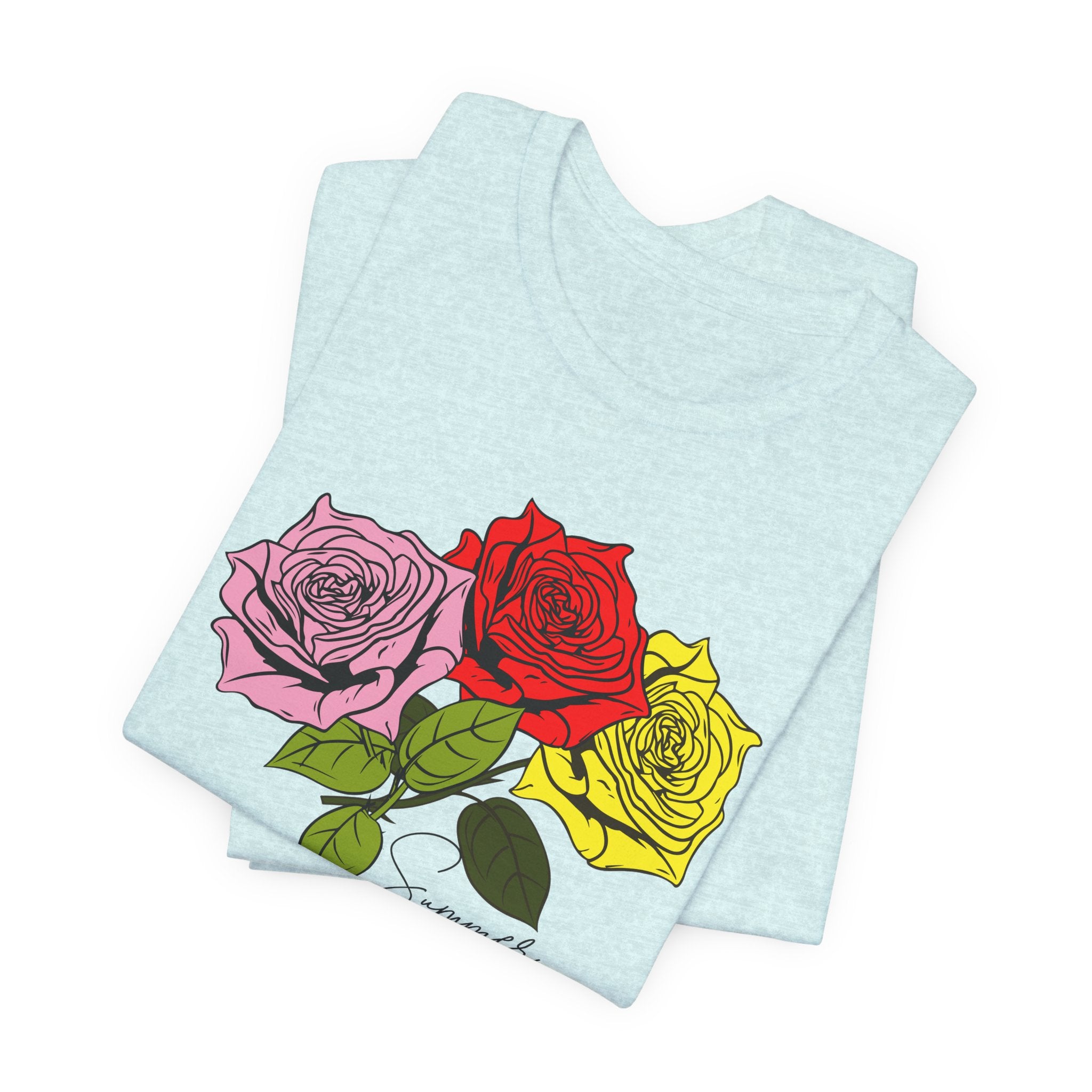 Tri-Color Rose Tee — Pink Red Yellow Rose Graphic T-Shirt
