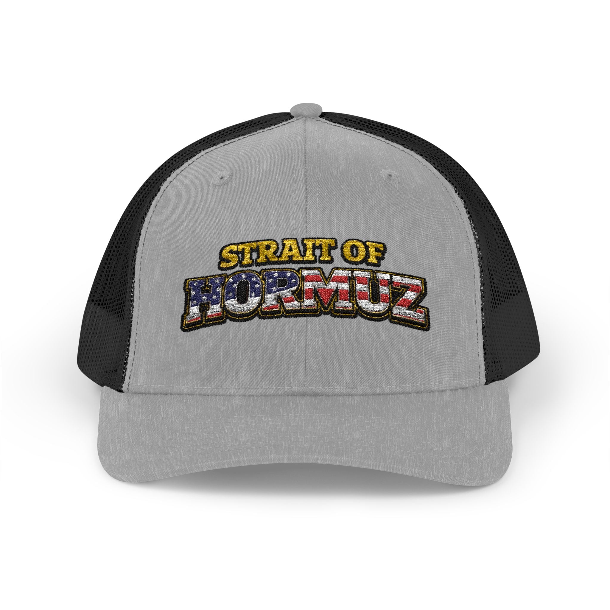 Strait of Hormuz Trucker Cap — Patriotic Embroidered Snapback Hat