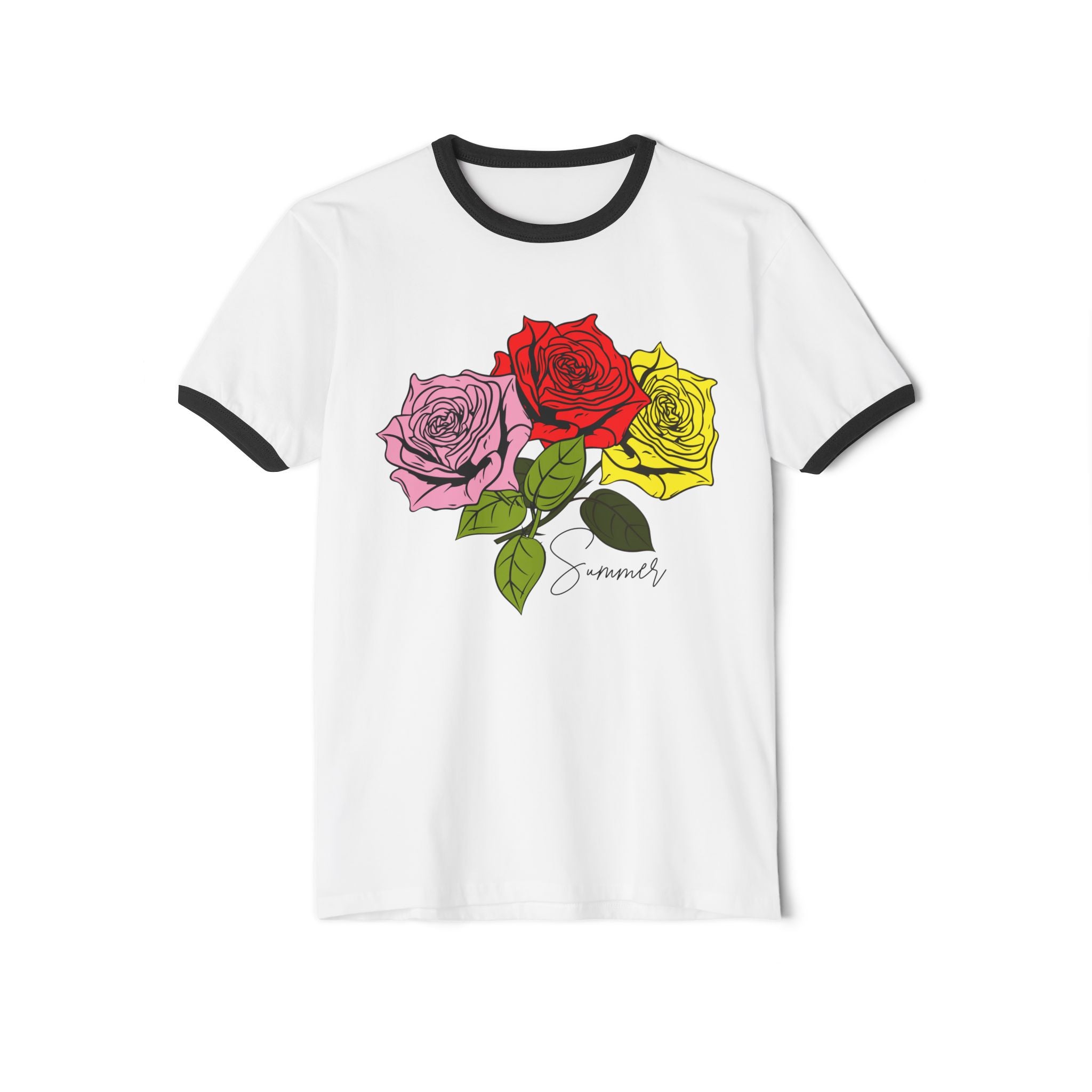 Vintage Rose Trio Ringer T‑Shirt — 'Summer' Botanical Graphic