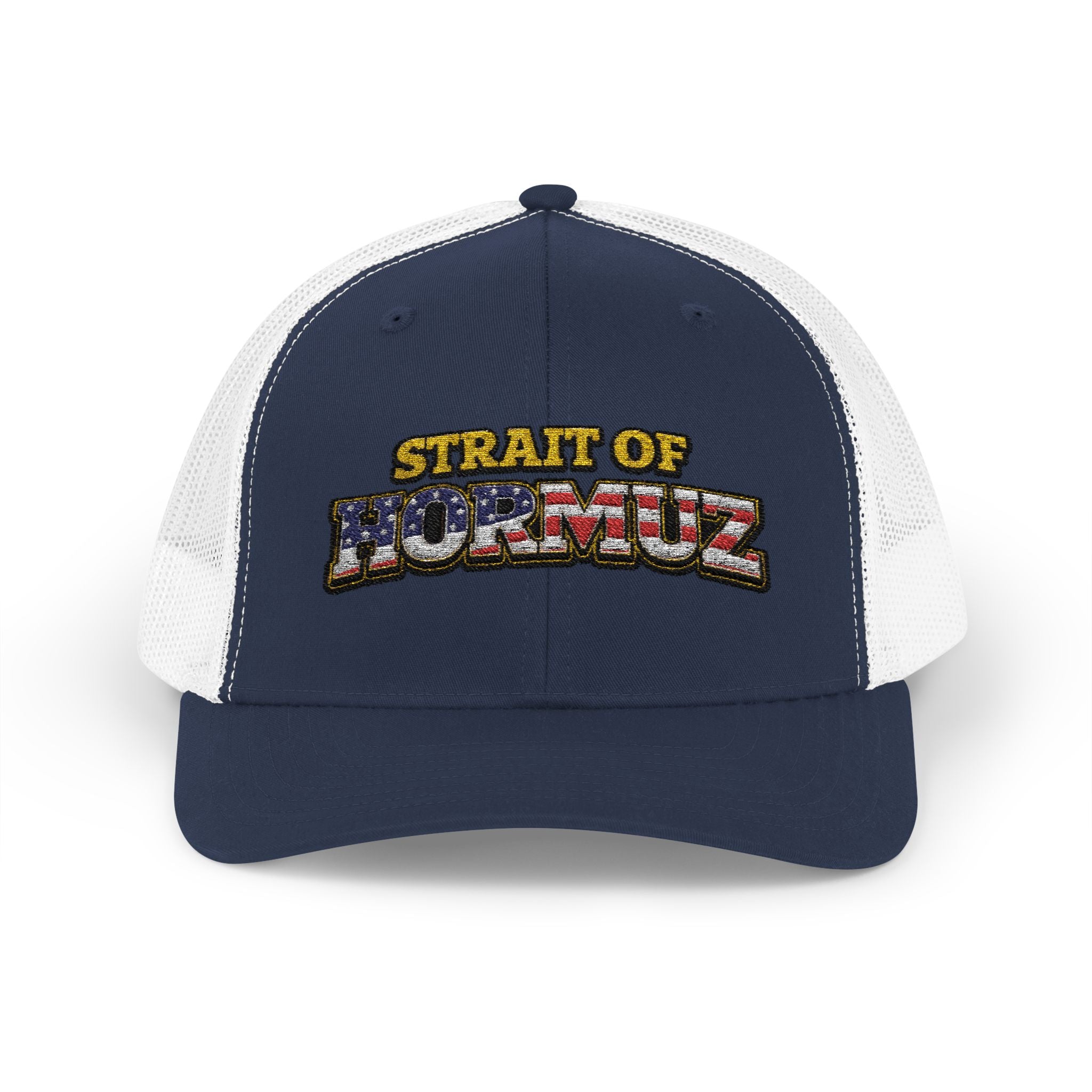Strait of Hormuz Trucker Cap — Patriotic Embroidered Snapback Hat