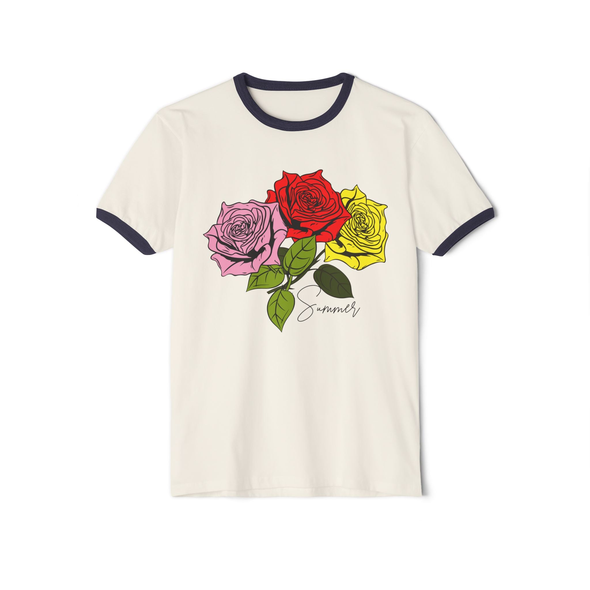 Vintage Rose Trio Ringer T‑Shirt — 'Summer' Botanical Graphic