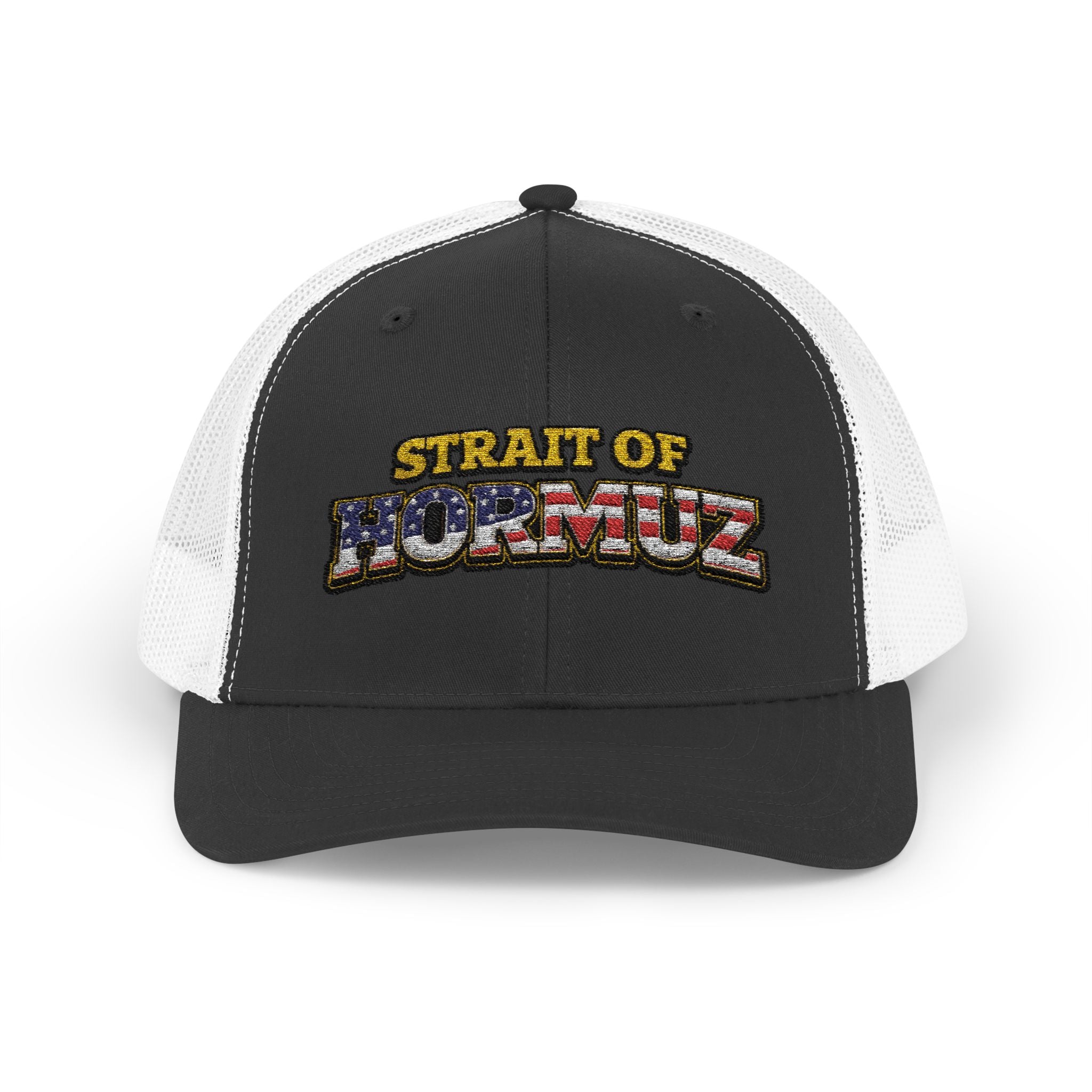 Strait of Hormuz Trucker Cap — Patriotic Embroidered Snapback Hat