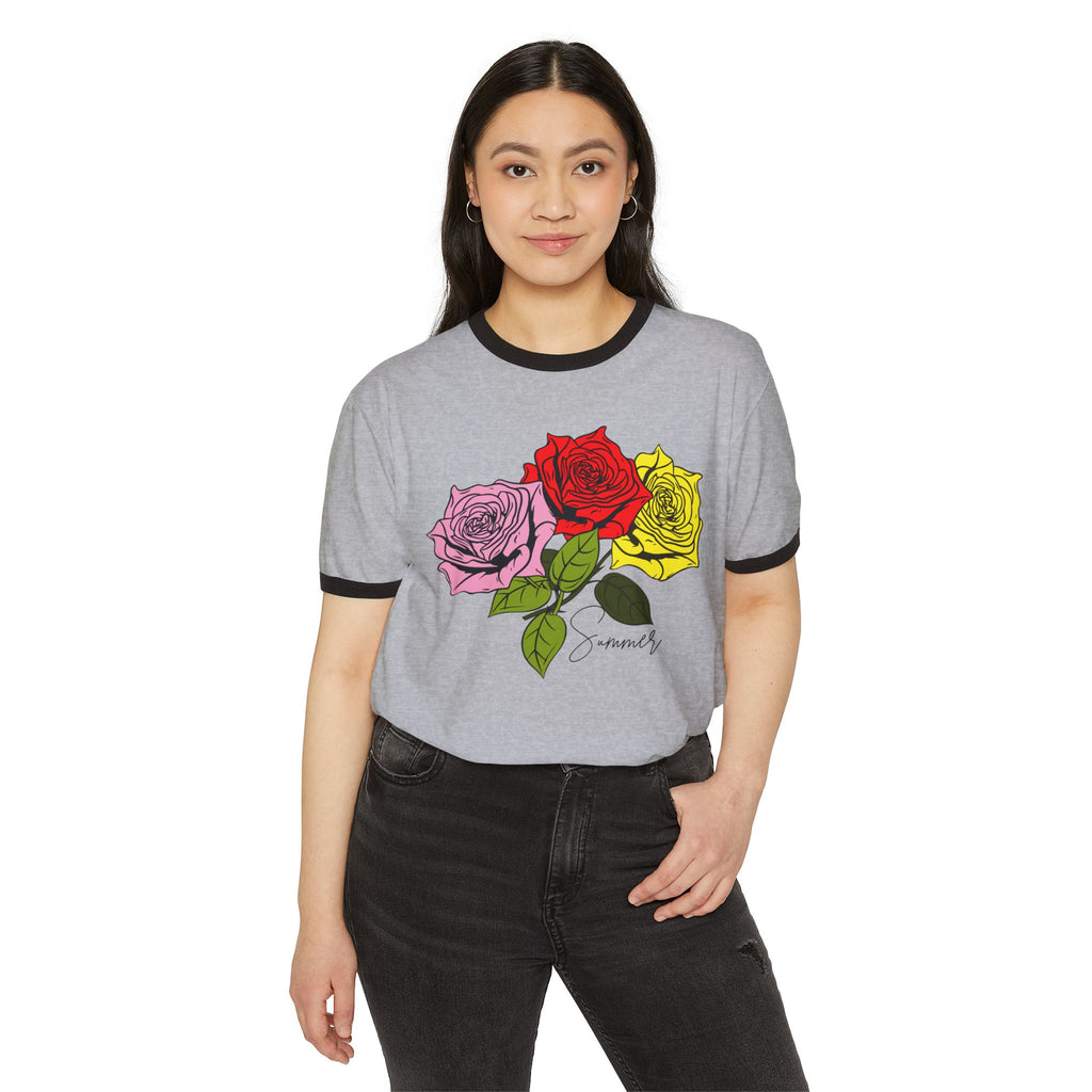 Vintage Rose Trio Ringer T‑Shirt — 'Summer' Botanical Graphic