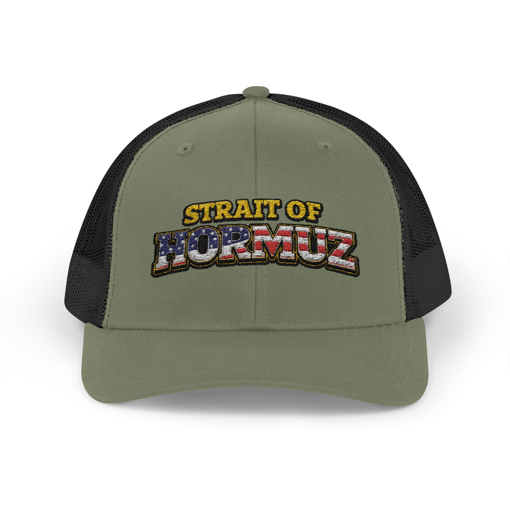 Strait of Hormuz Trucker Cap — Patriotic Embroidered Snapback Hat