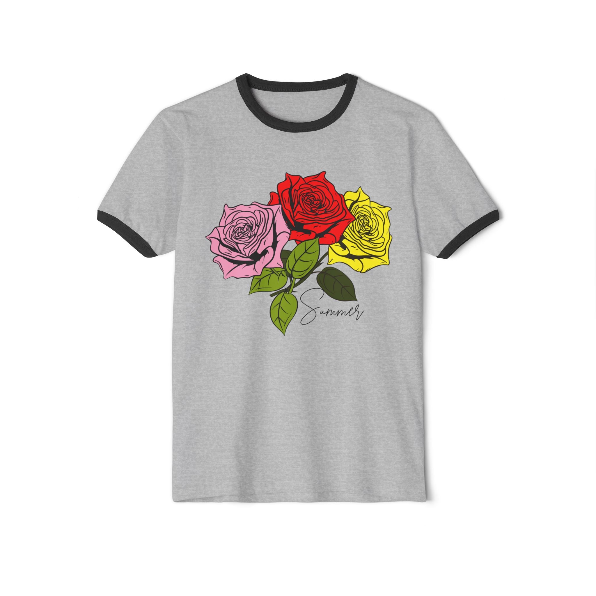 Vintage Rose Trio Ringer T‑Shirt — 'Summer' Botanical Graphic