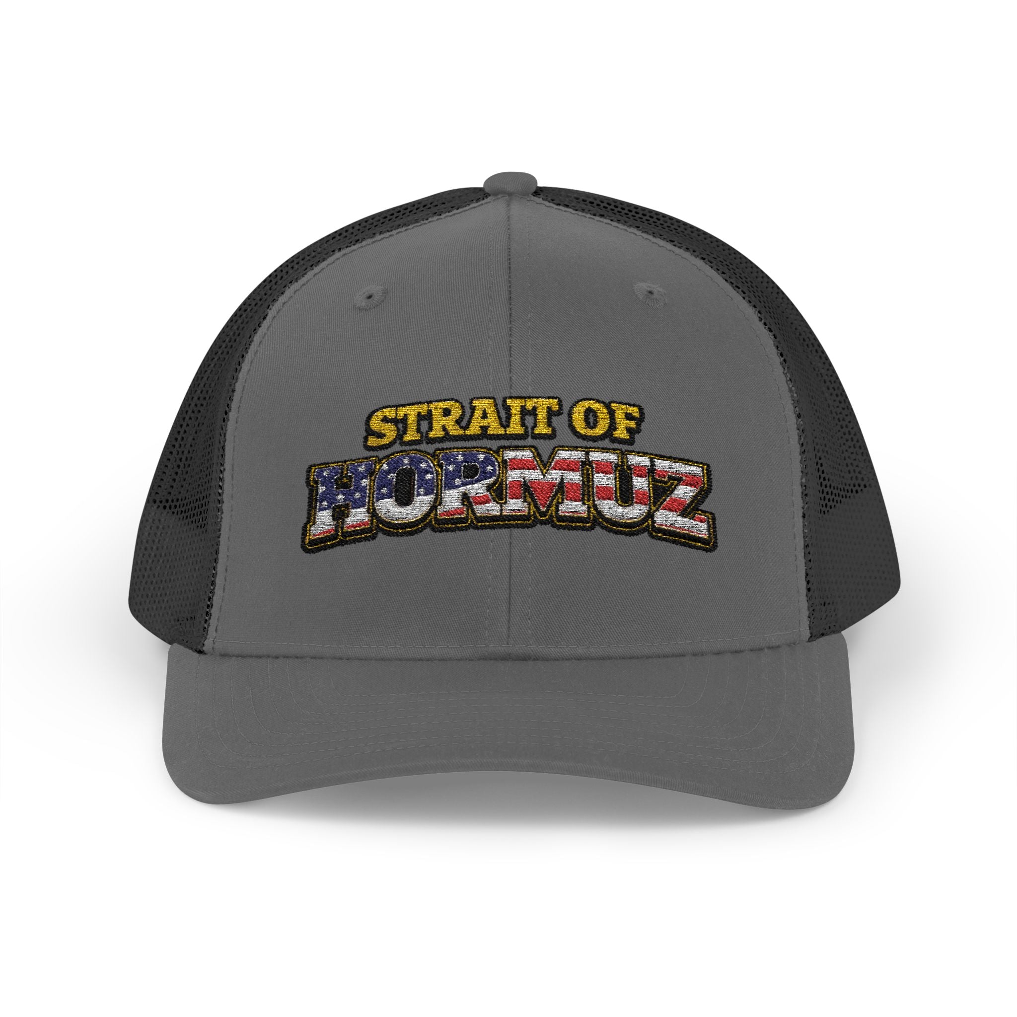 Strait of Hormuz Trucker Cap — Patriotic Embroidered Snapback Hat