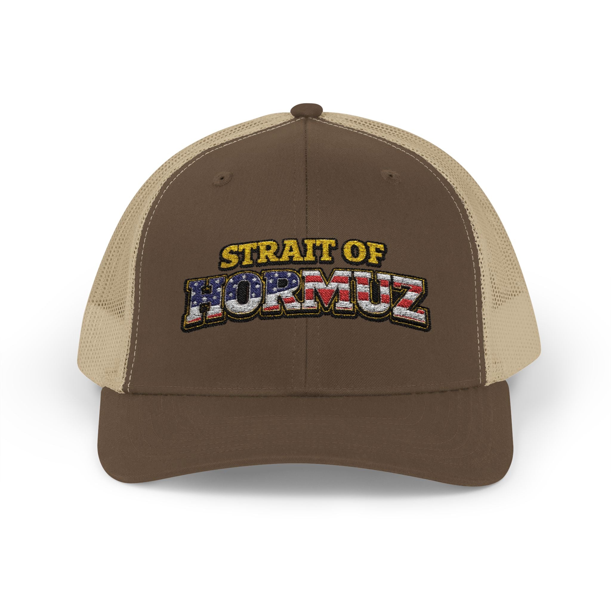 Strait of Hormuz Trucker Cap — Patriotic Embroidered Snapback Hat