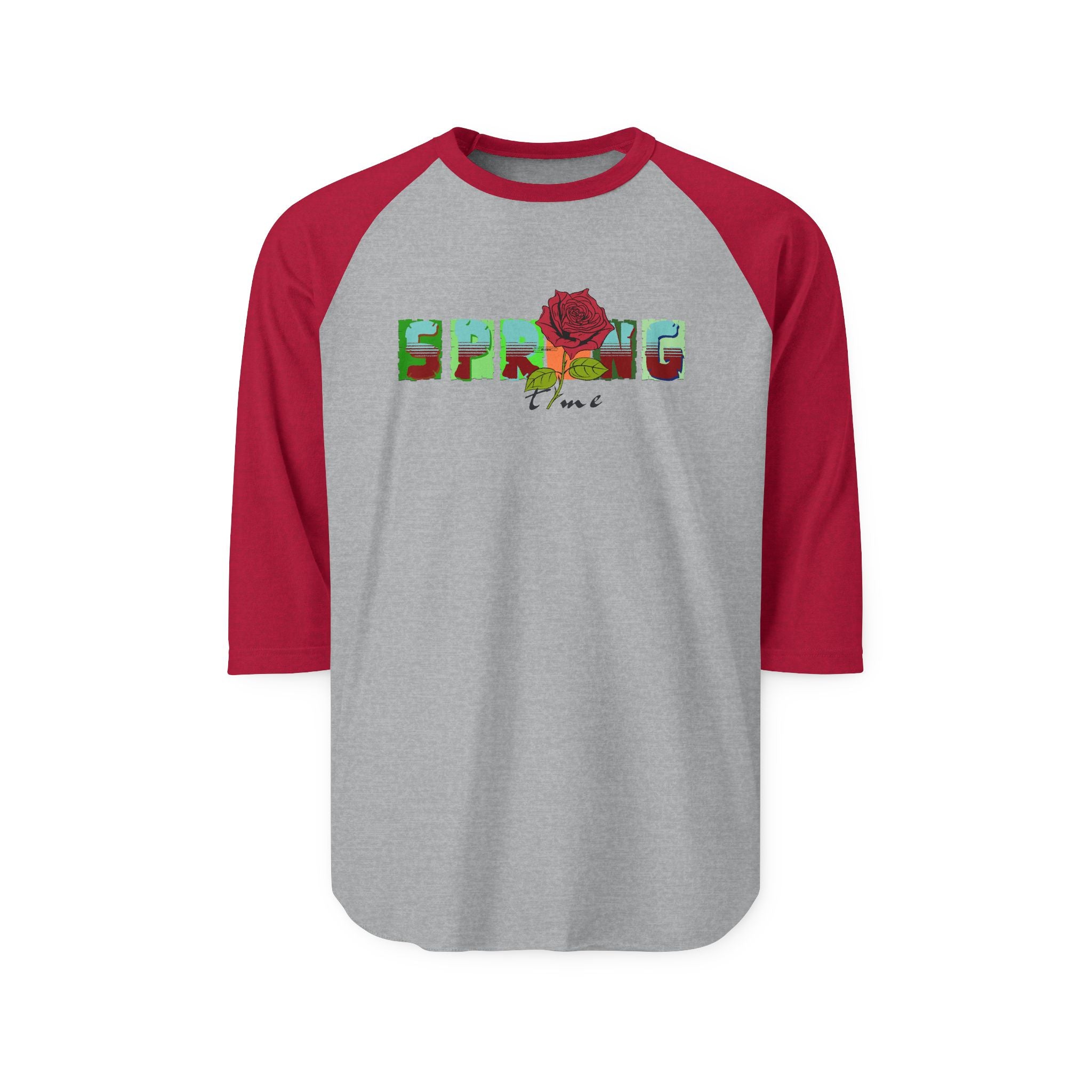 Spring Floral Raglan Shirt — 'SPRING' Text with Rose Baseball Tee