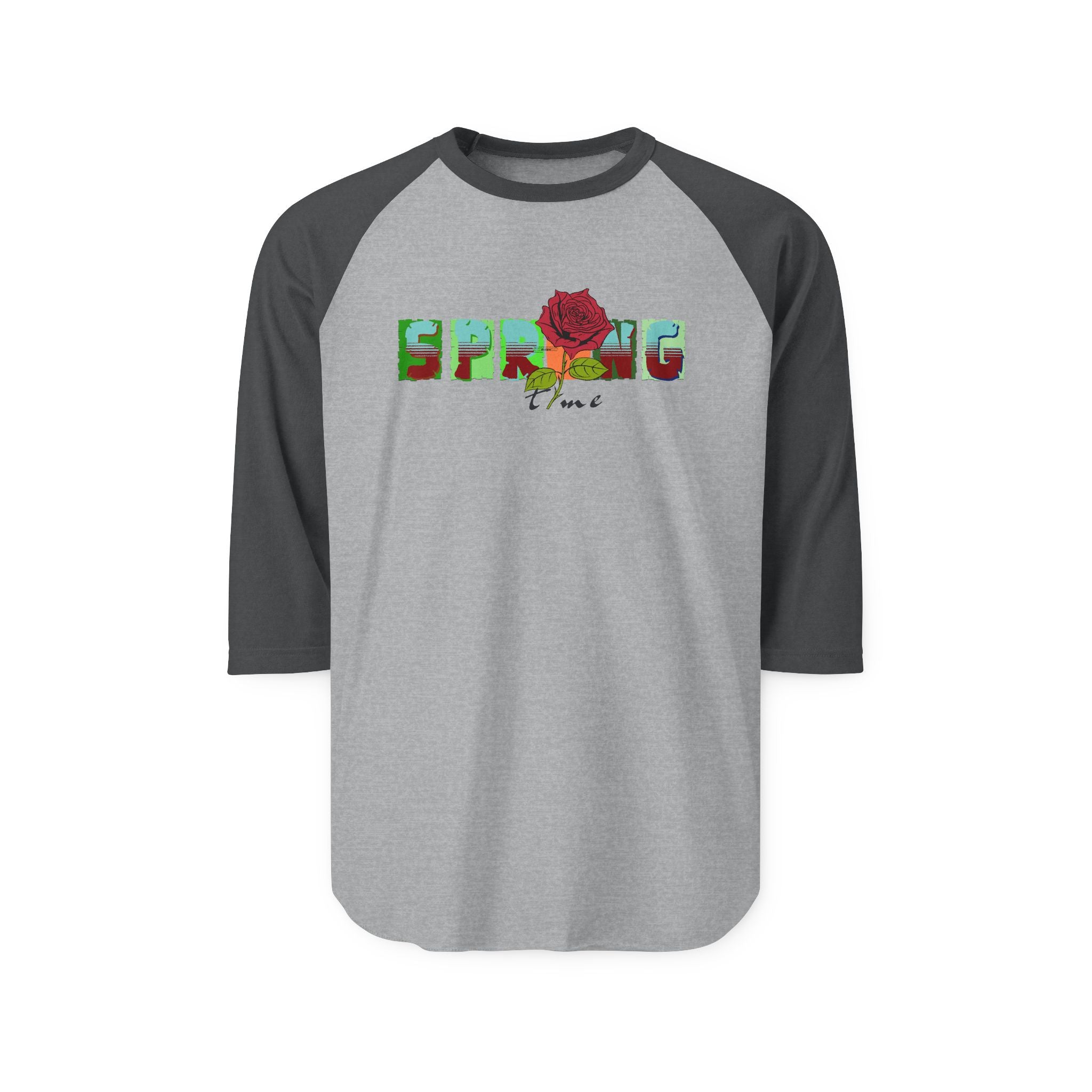 Spring Floral Raglan Shirt — 'SPRING' Text with Rose Baseball Tee