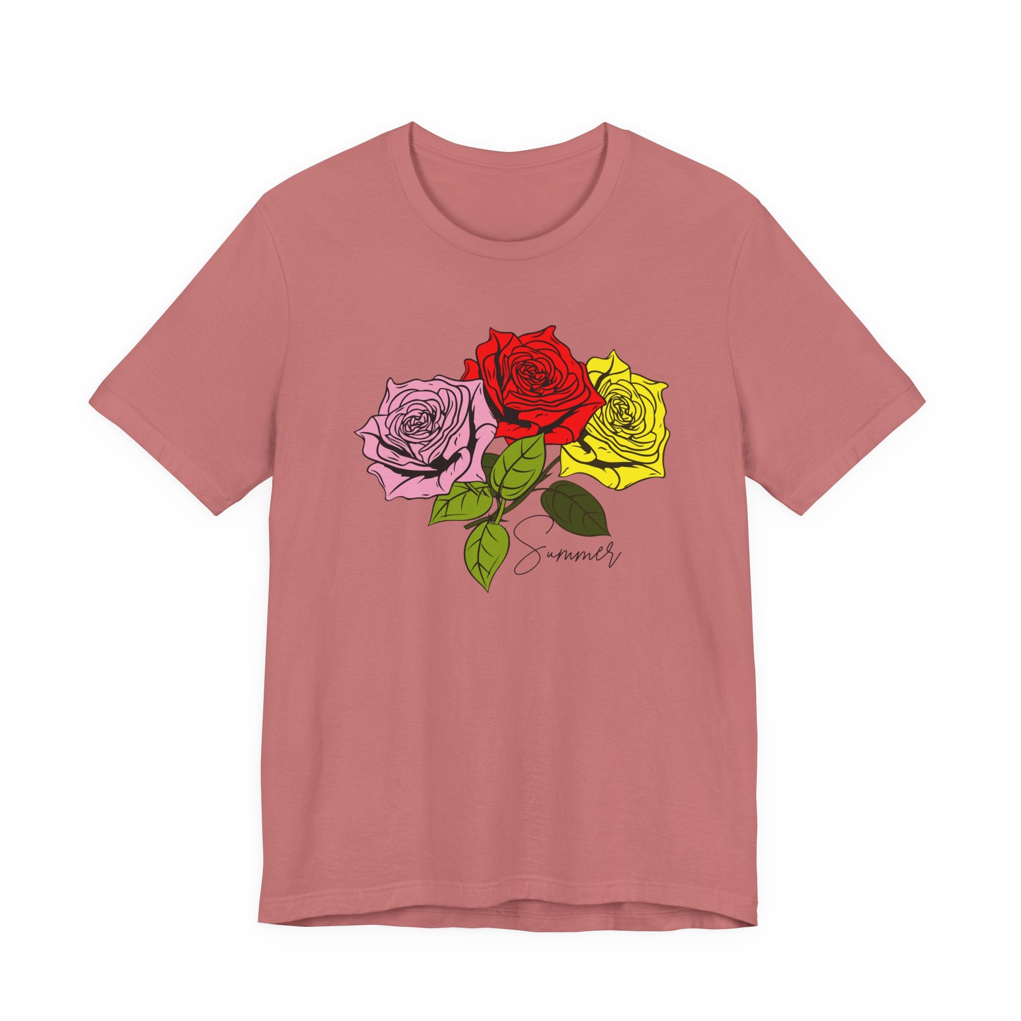 Tri-Color Rose Tee — Pink Red Yellow Rose Graphic T-Shirt
