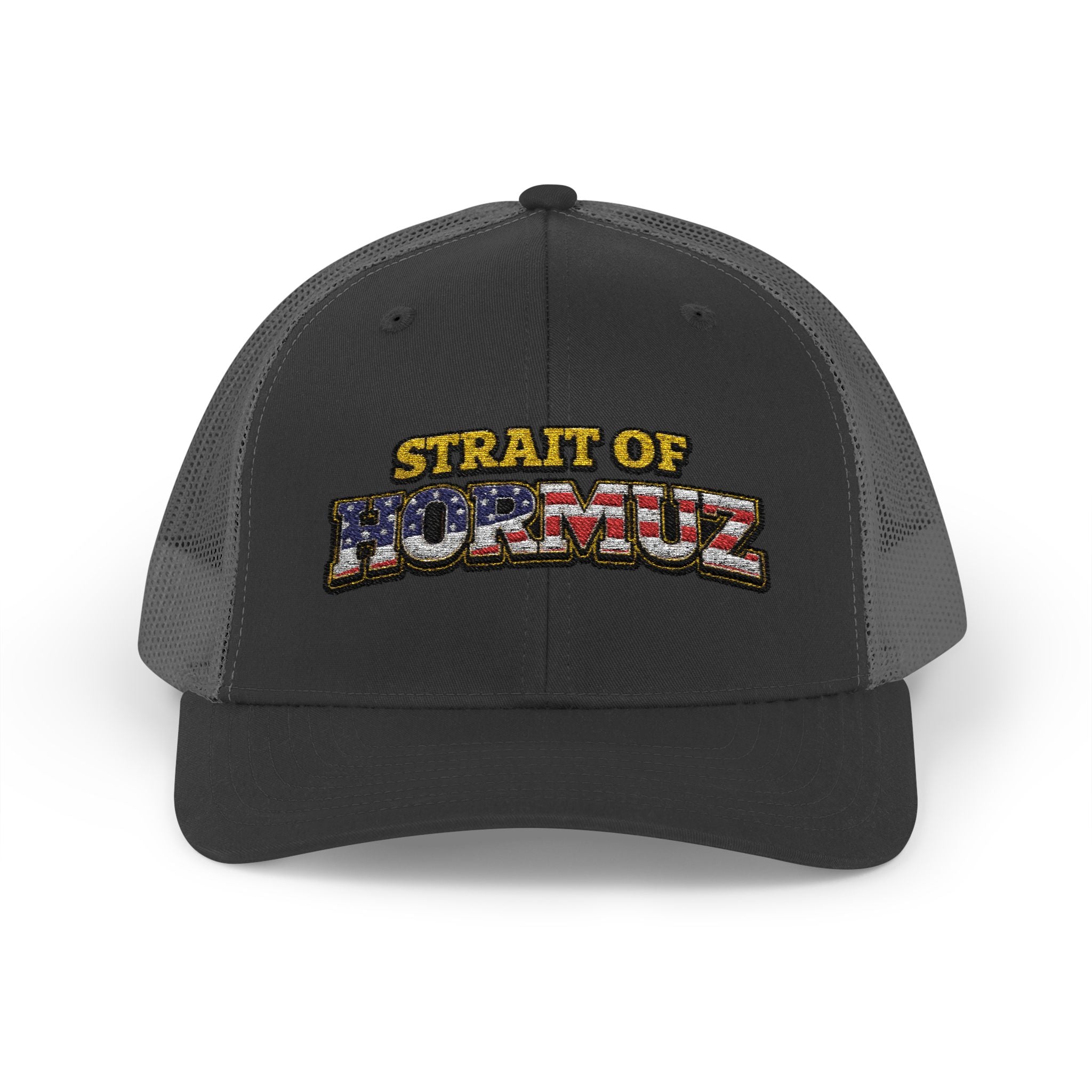 Strait of Hormuz Trucker Cap — Patriotic Embroidered Snapback Hat