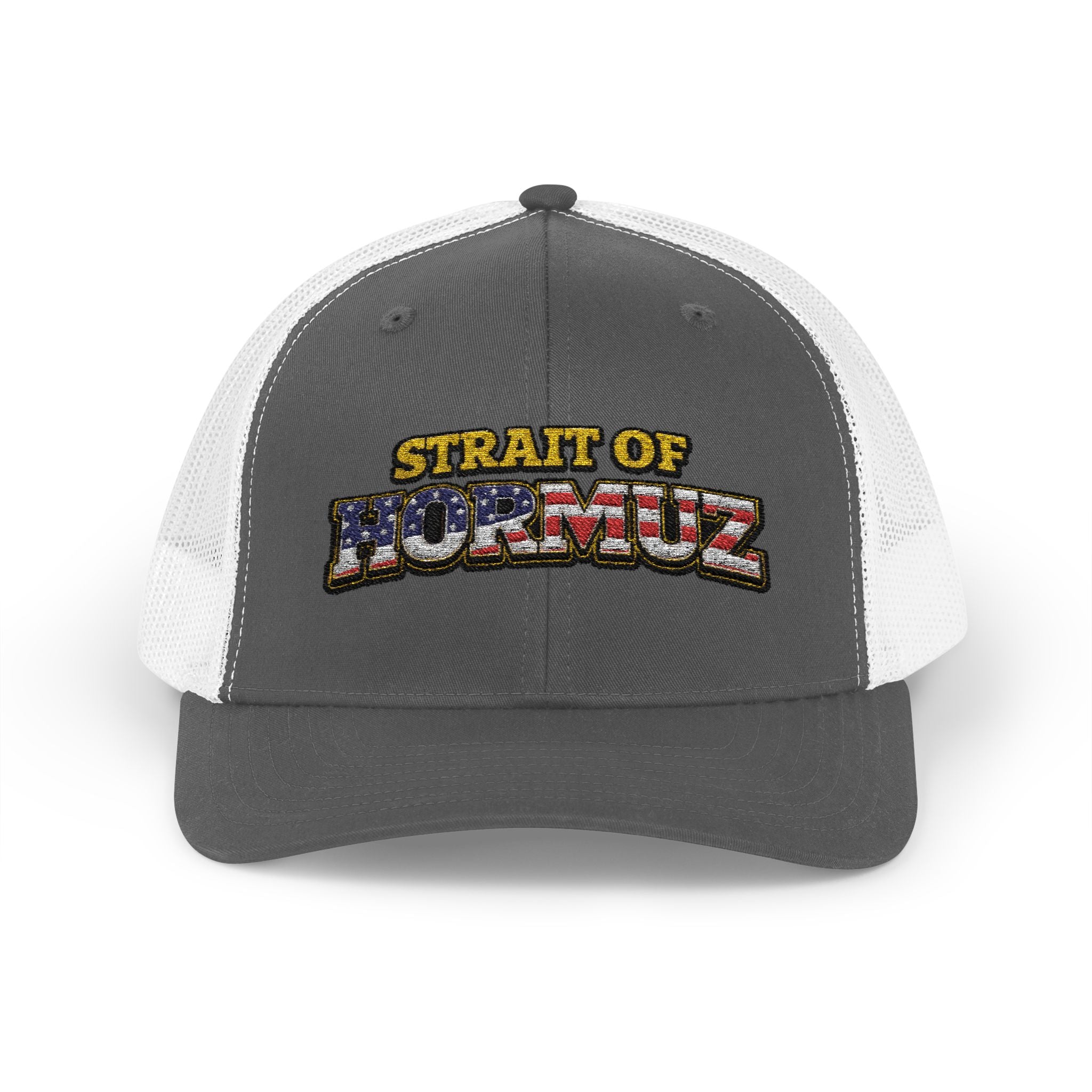 Strait of Hormuz Trucker Cap — Patriotic Embroidered Snapback Hat
