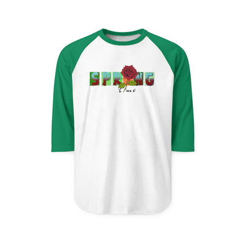 Spring Floral Raglan Shirt — 'SPRING' Text with Rose Baseball Tee