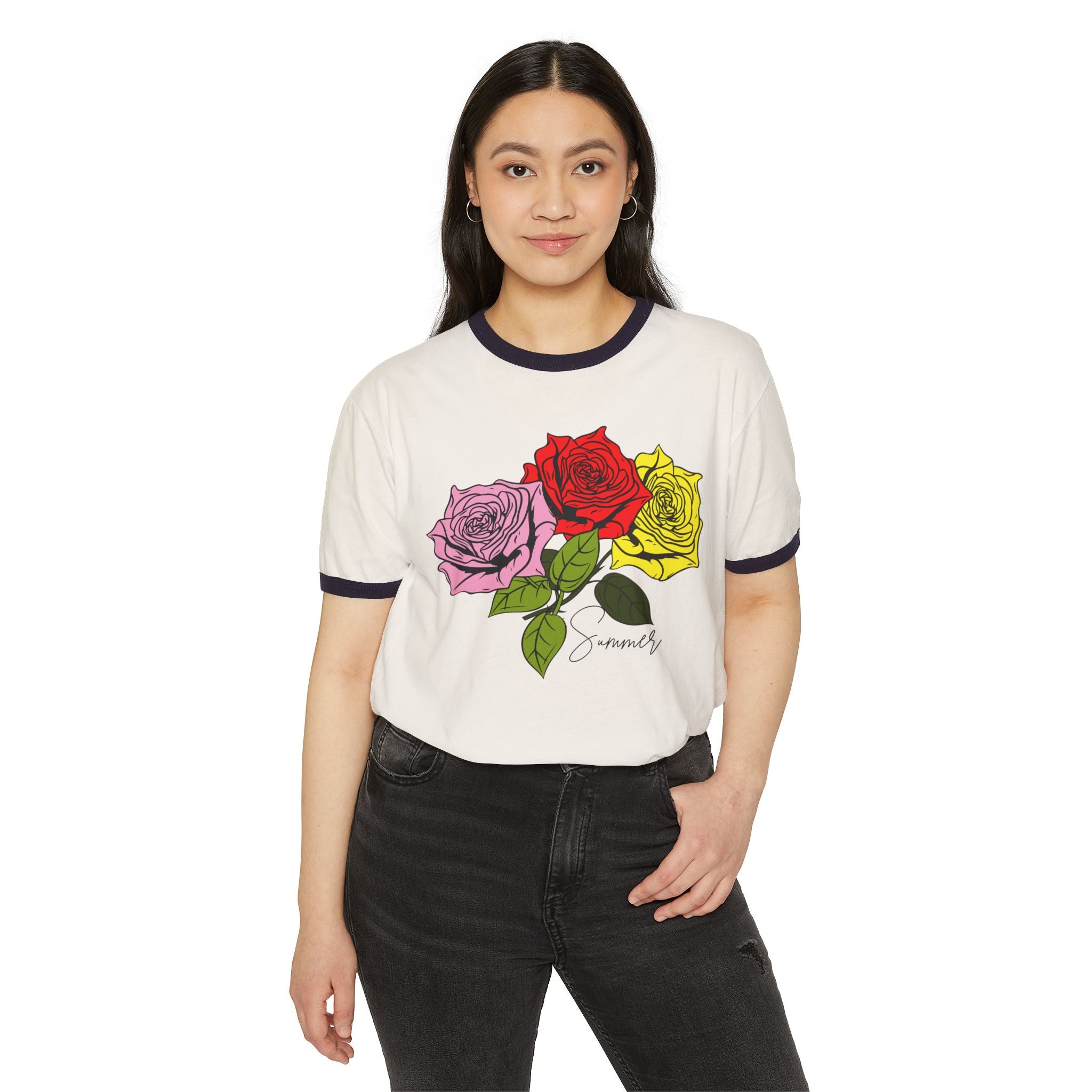 Vintage Rose Trio Ringer T‑Shirt — 'Summer' Botanical Graphic