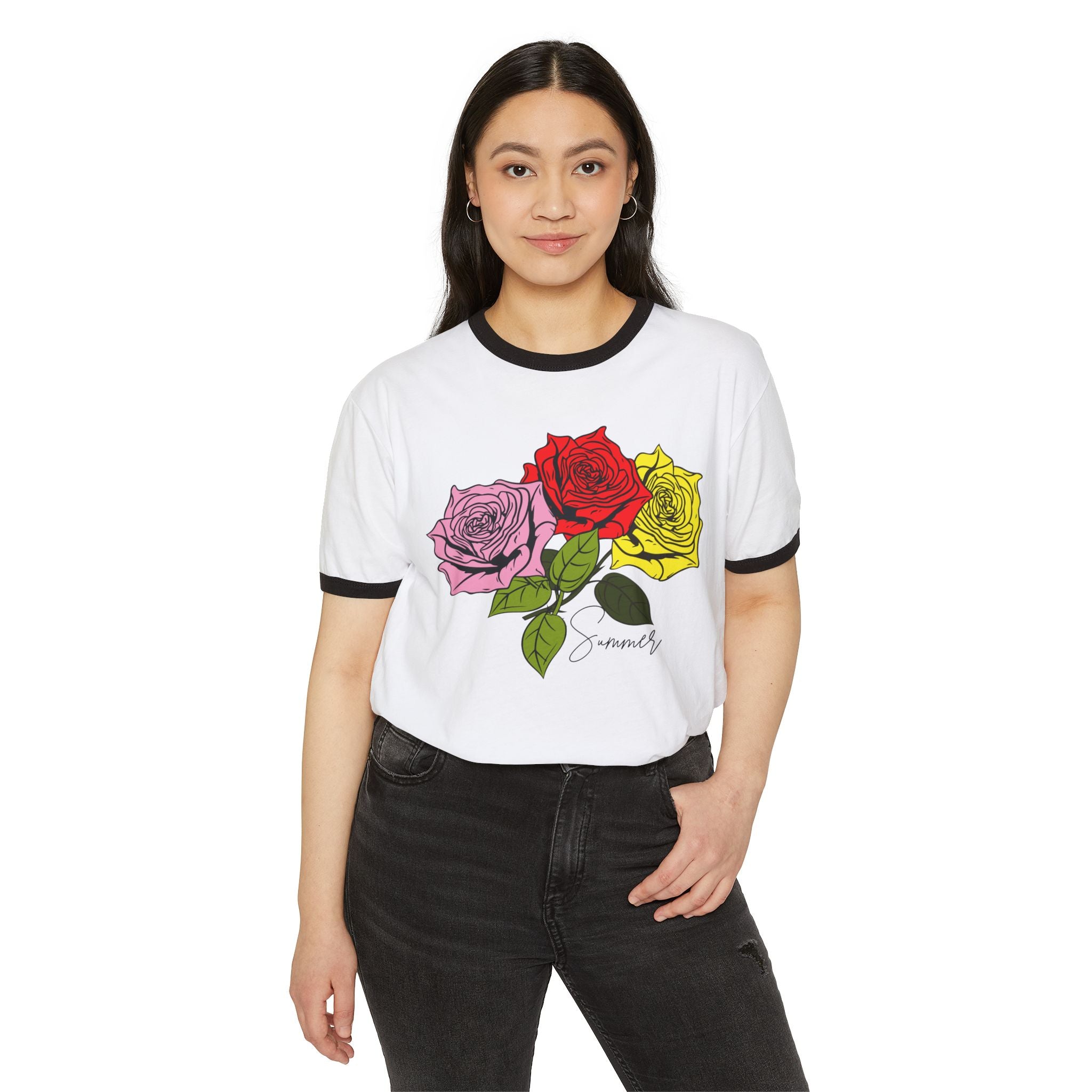 Vintage Rose Trio Ringer T‑Shirt — 'Summer' Botanical Graphic