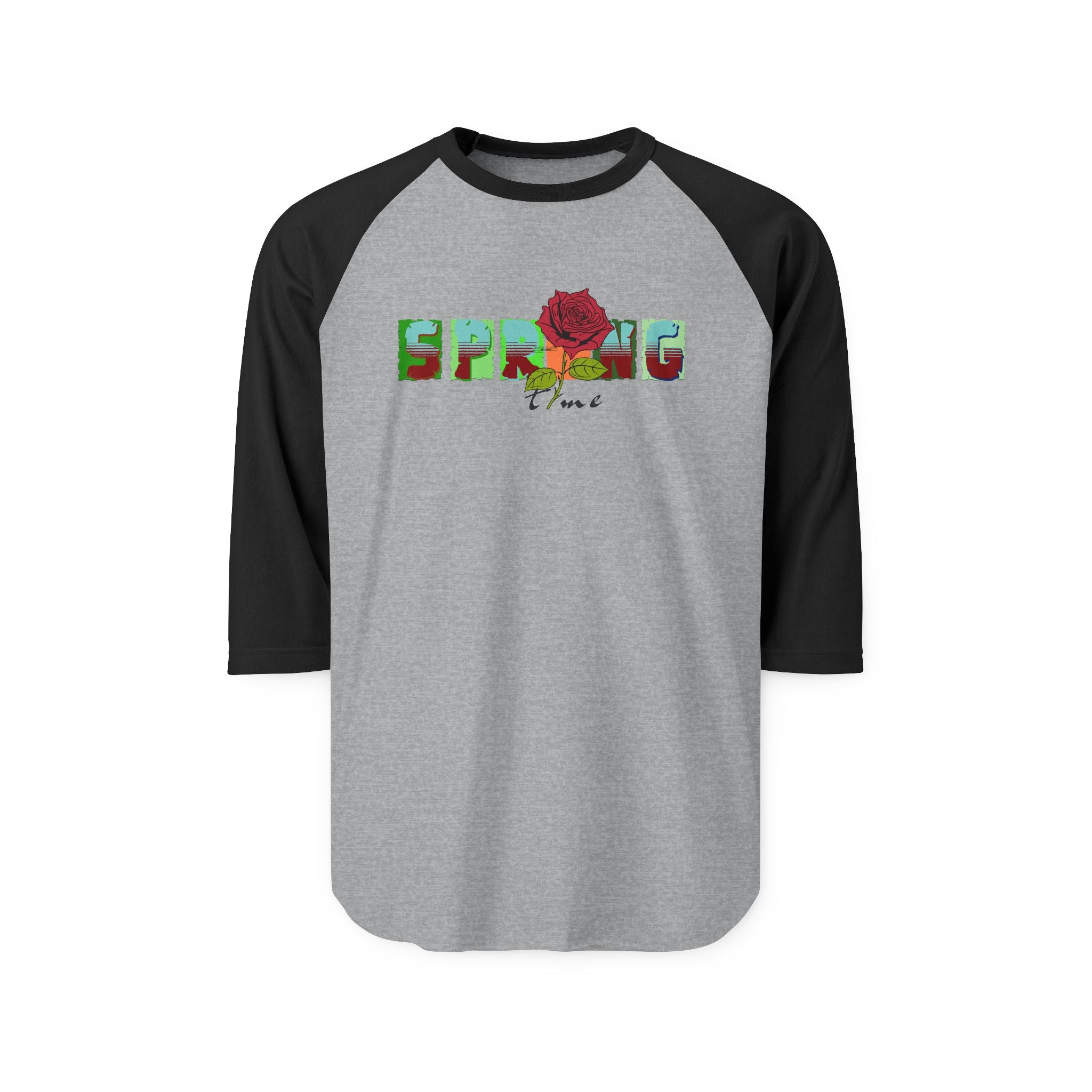 Spring Floral Raglan Shirt — 'SPRING' Text with Rose Baseball Tee